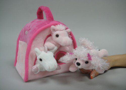 Plush PINK DOG Animal House with 3 Finger Puppets