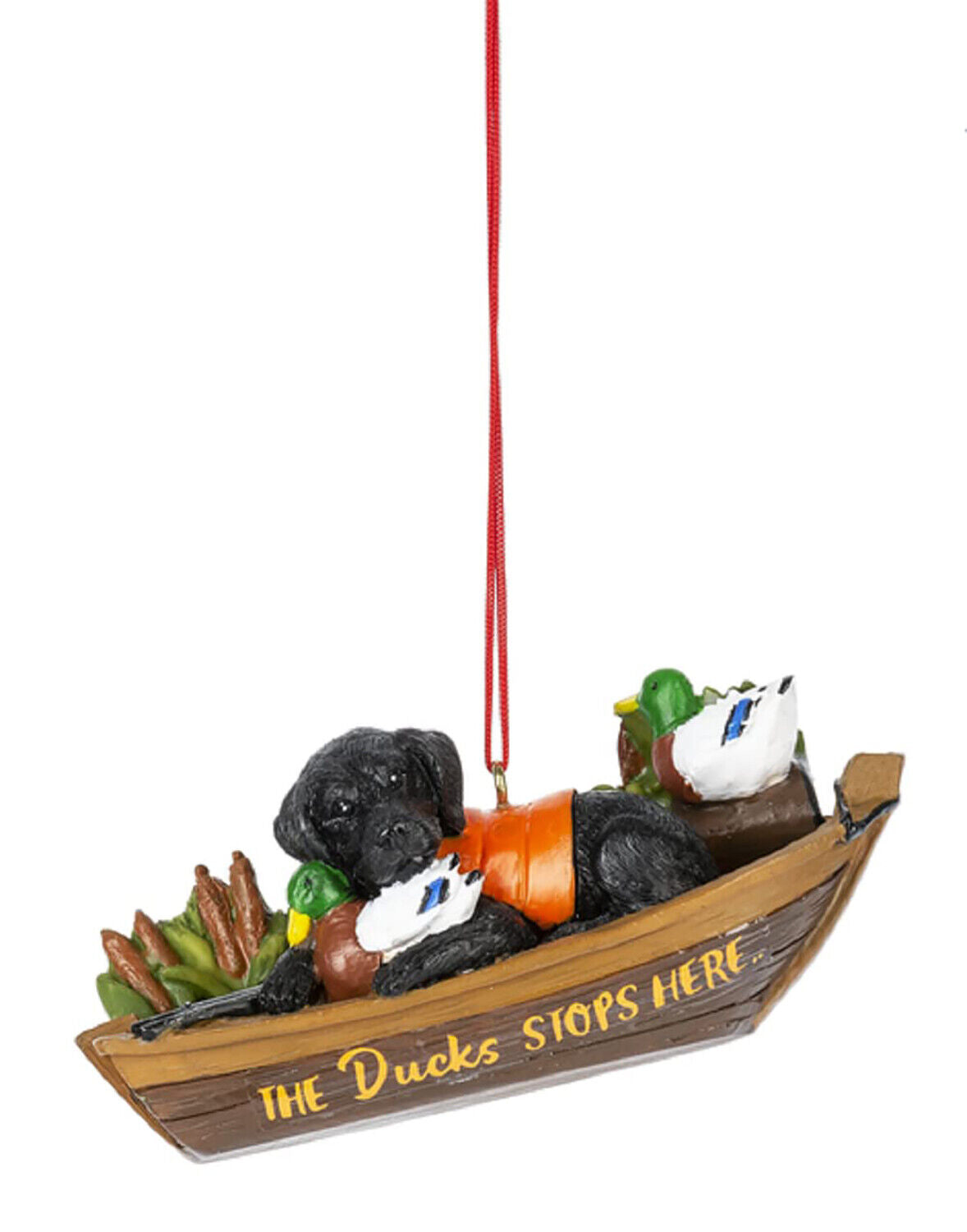 Ganz Black Lab with Boat Ornament - The Ducks Stop Here, 4", Polyresin
