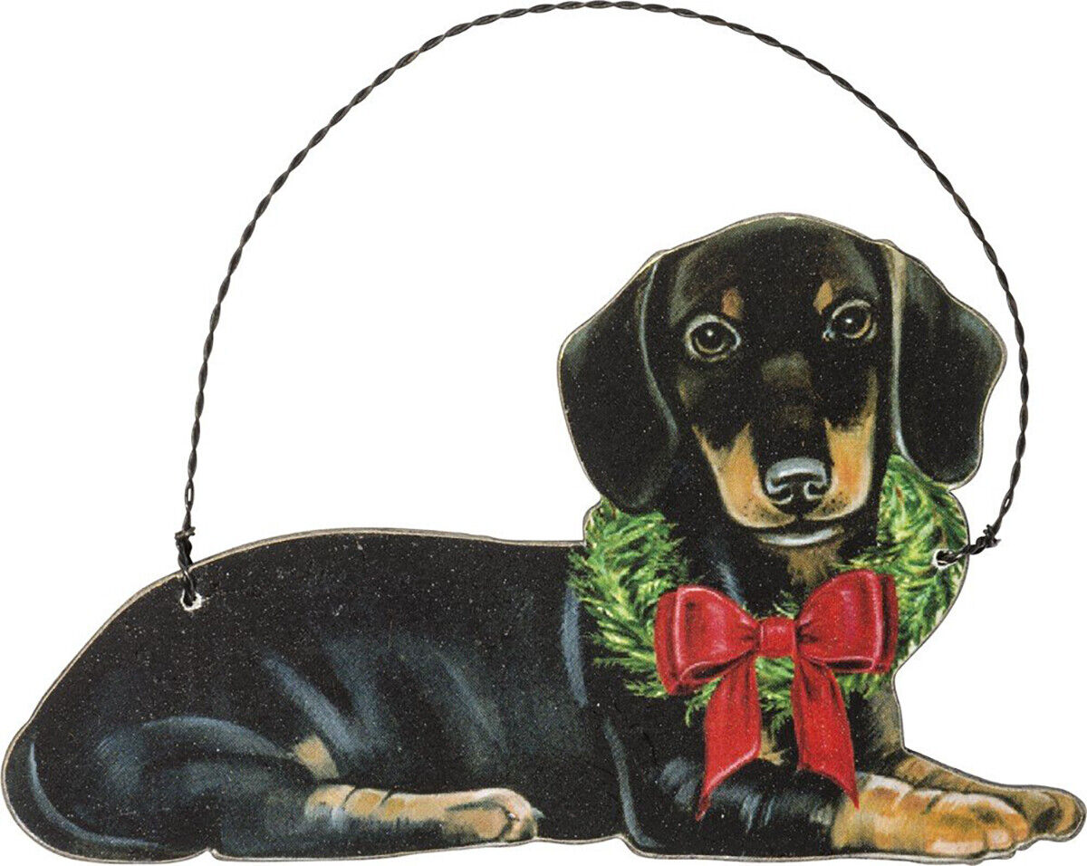 Primitives By Kathy Dachshund with Wreath Wooden ChristmasChristmas Ornament