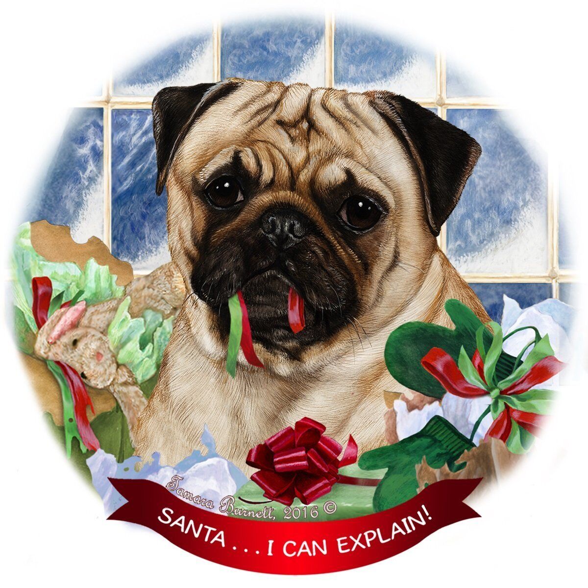 Fawn Pug Dog Porcelain Hanging Ornament Pet Gift 'Santa.. I Can Explain!'