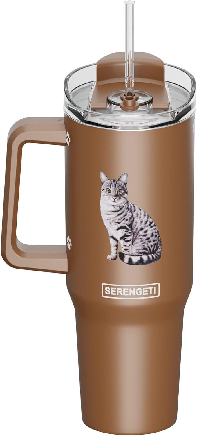 Serengeti 40 Oz Silver Tabby Cat Stainless Steel Tumbler w Handle, Straw & Lid