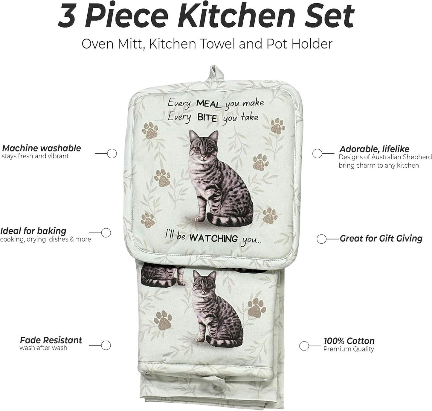Silver Tabby cat 3-Piece Kitchen Set - Oven Mitt, Pot Holder & Kitchen Towel Set