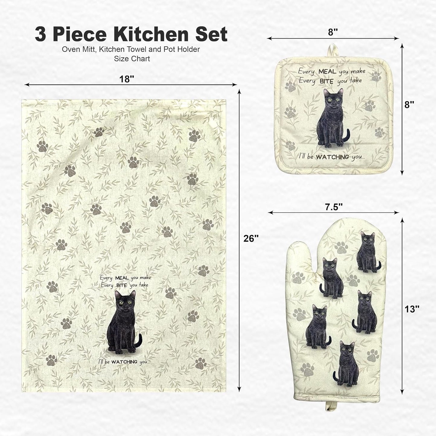Black Cat 3-Piece Kitchen Set - Oven Mitt, Pot Holder & Kitchen Towel Set