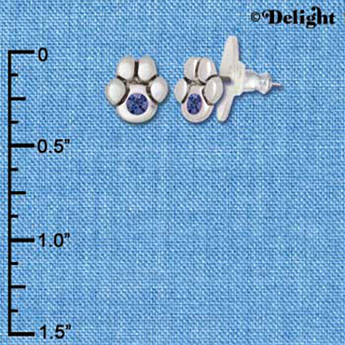 Tiny Paw Print with Blue Swarovski Crystal Silver Plated Post Earrings
