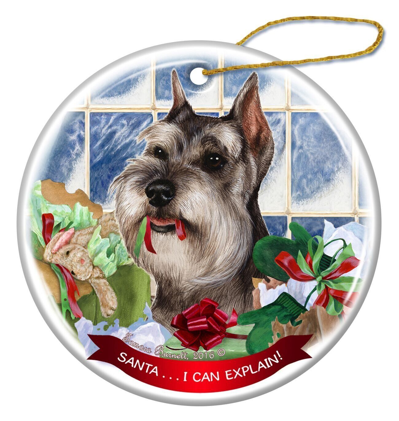 Grey Cropped Schnauzer Dog Porcelain Ornament Pet Gift 'Santa.. I Can Explain!