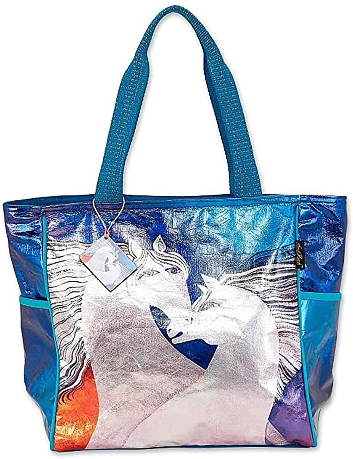 Laurel Burch Foiled Ivory Mares Horse Shoulder Tote Zipper Top 20.5" x 13.75" x