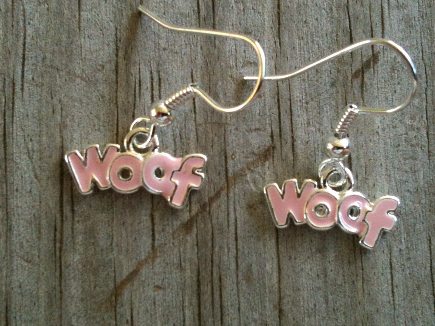 Silver Plated "woof" Light Pink Dog Hand Enameled Earrings