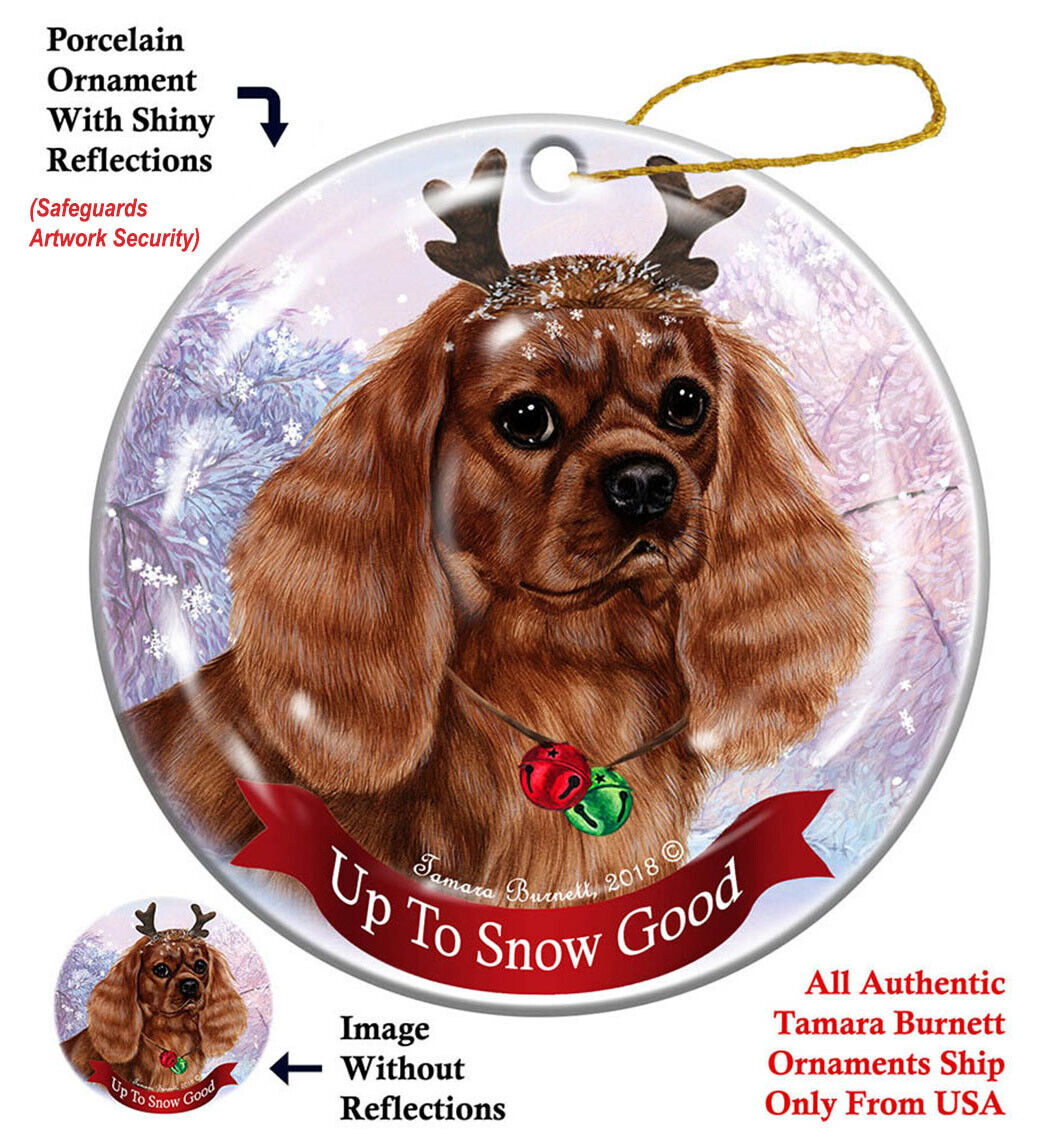 Holiday Ruby Cavalier King Charles Reindeer Dog Porcelain Christmas Ornament