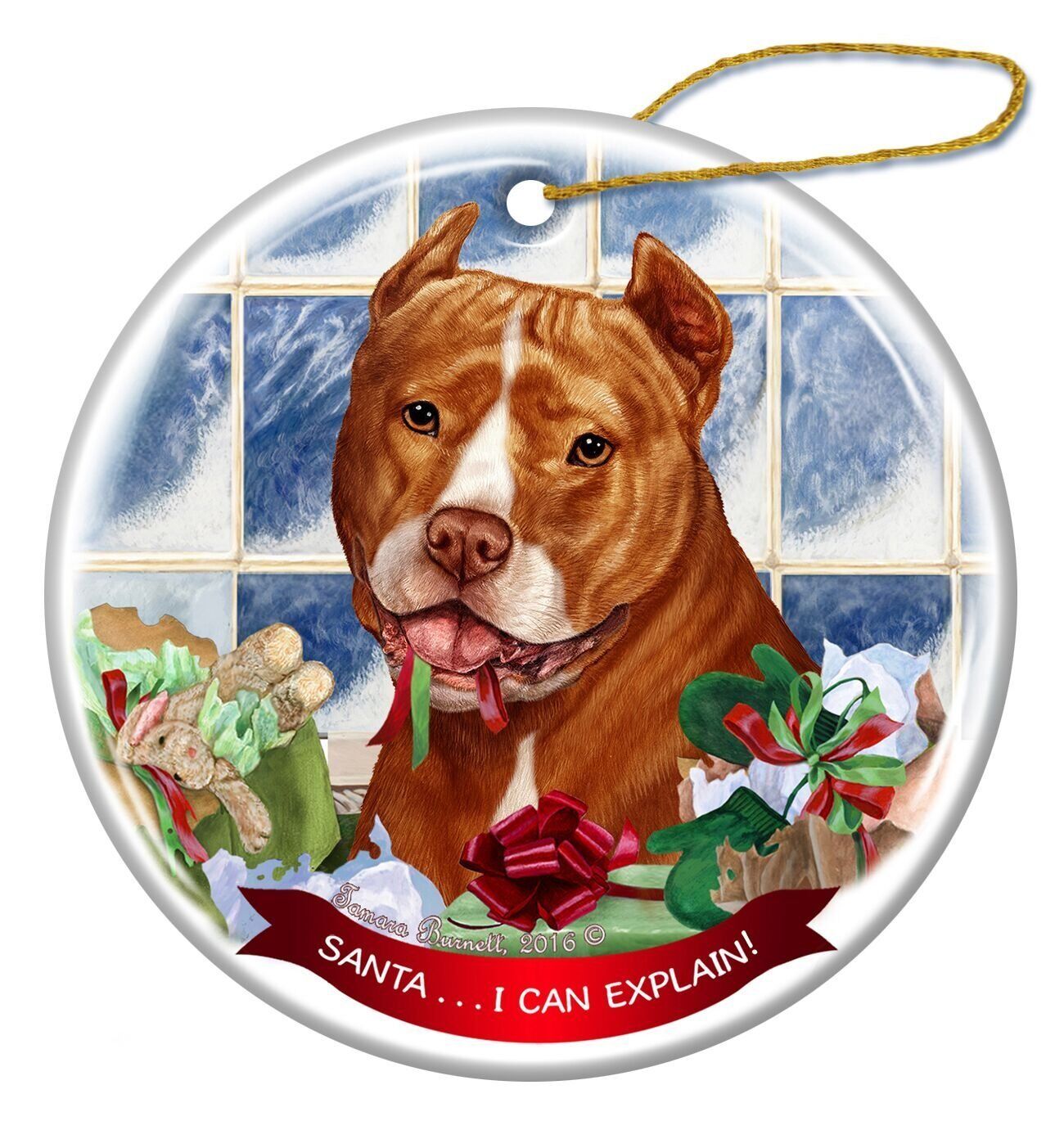 Orange and White Pit Bull Cropped Porcelain Ornament 'Santa.. I Can Explain!