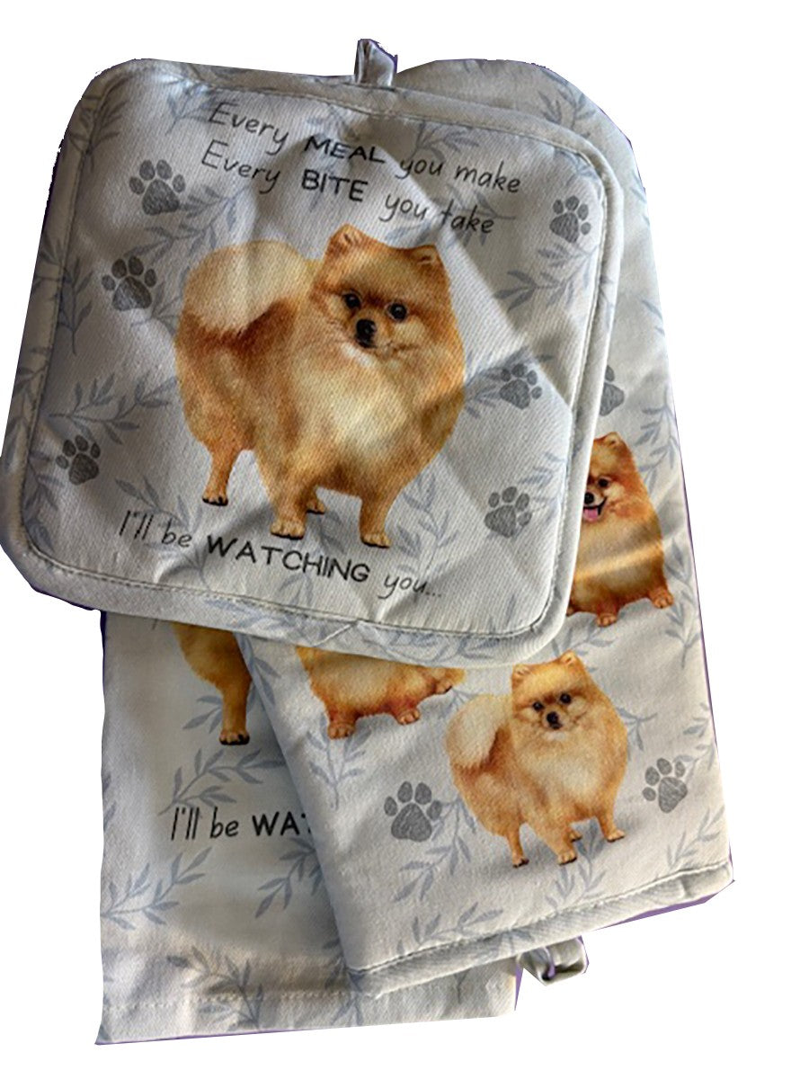 E&S Pets Pomeranian Dog 3 Piece Kitchen Set - Oven Mitt, Towel, Pot Holder