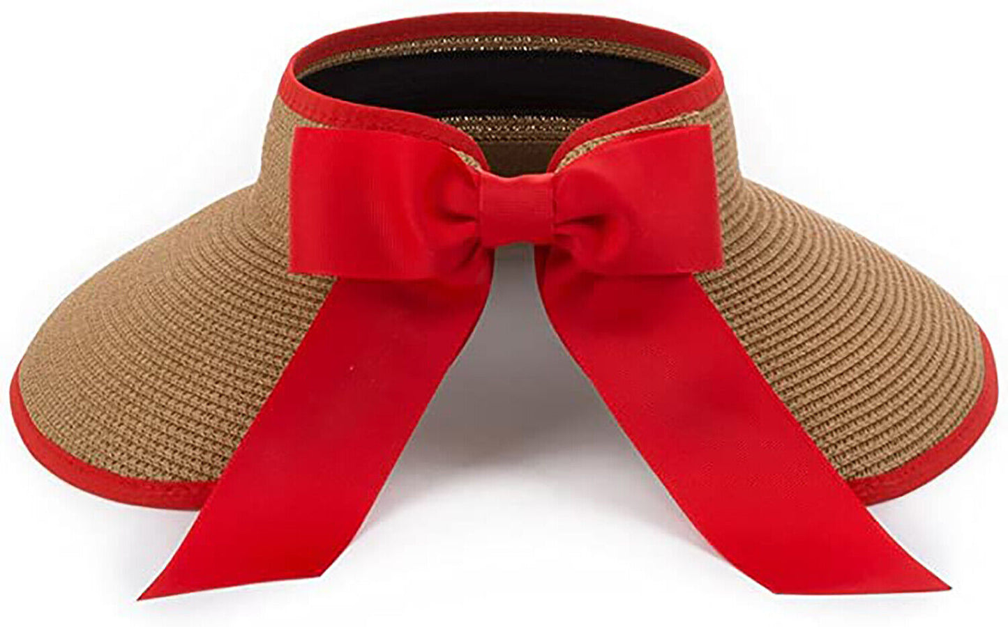Straw Summer Sun Visor Beach Hat Wide Brim with Bow Adjustable (Red)