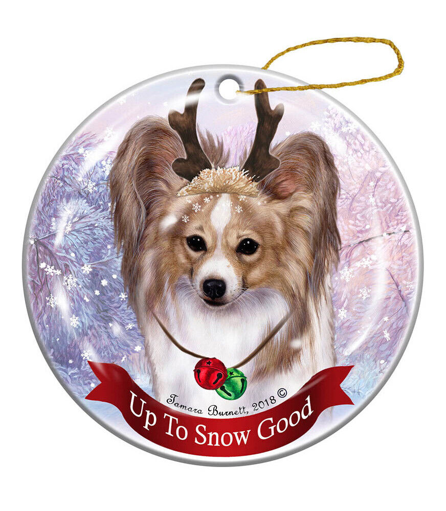 Holiday Pet Gifts Papillon Lemon/White Dog Porcelain Christmas Ornament