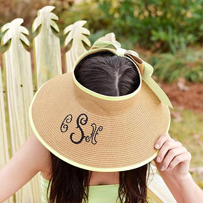 Straw Summer Sun Visor Beach Hat Wide Brim with Bow Adjustable (Navy)