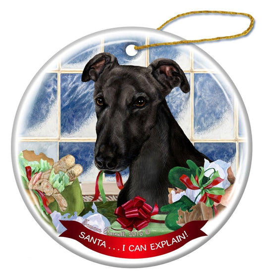 Black Greyhound Porcelain Hanging Ornament Pet Gift Santa I Can Explain!