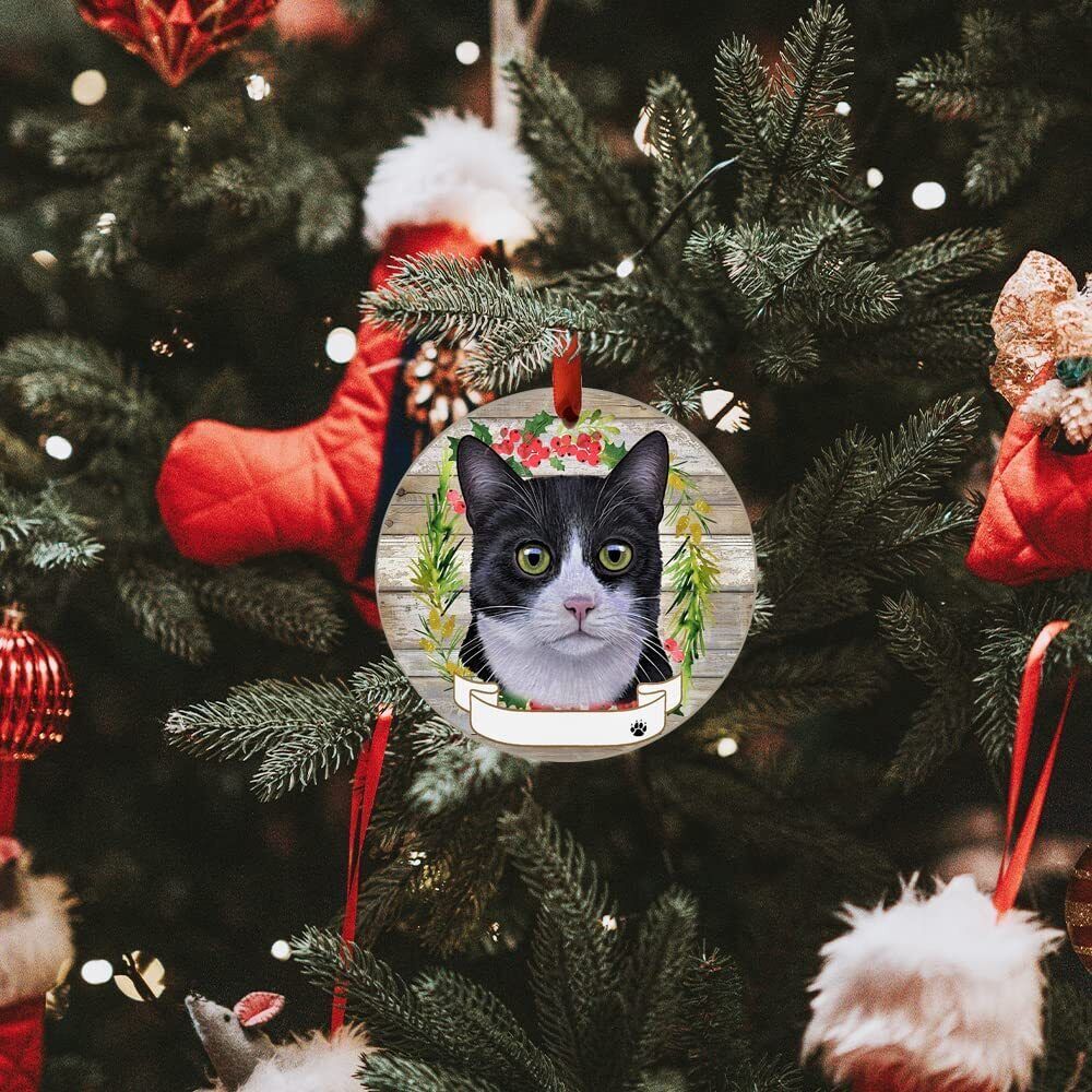 Tuxedo Cat Ornament - E&S Pets - DIY Personalizable, Ceramic Round Ornament
