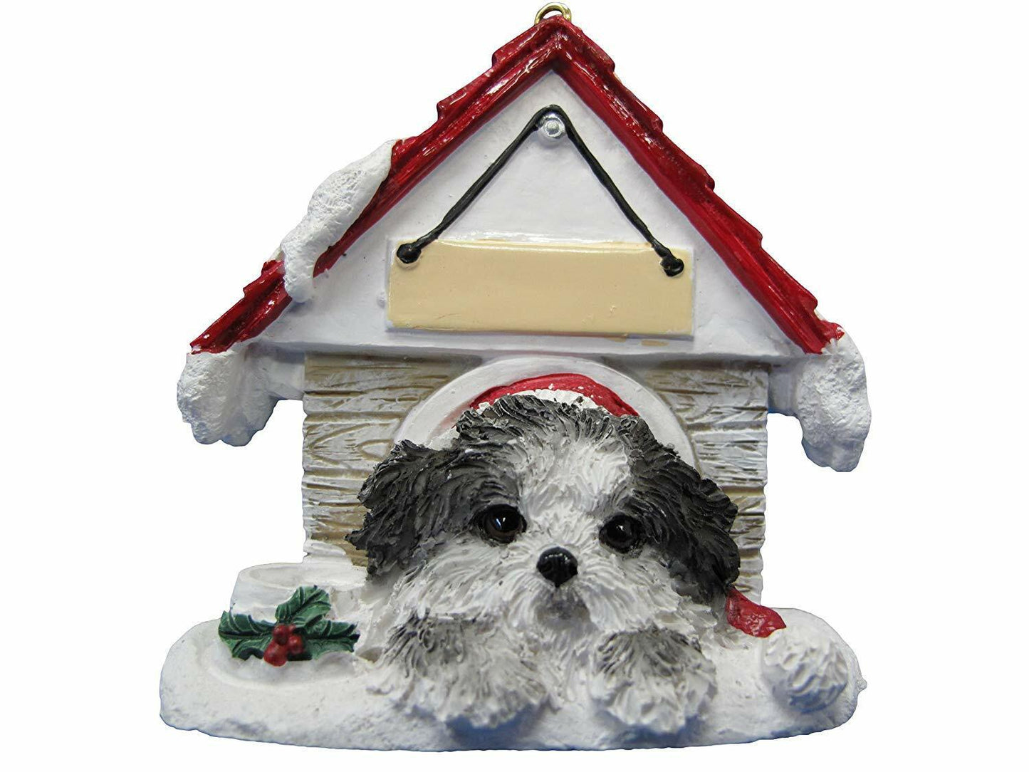 Shih Tzu Puppycut, Black & White Doghouse Ornament Hand Painted