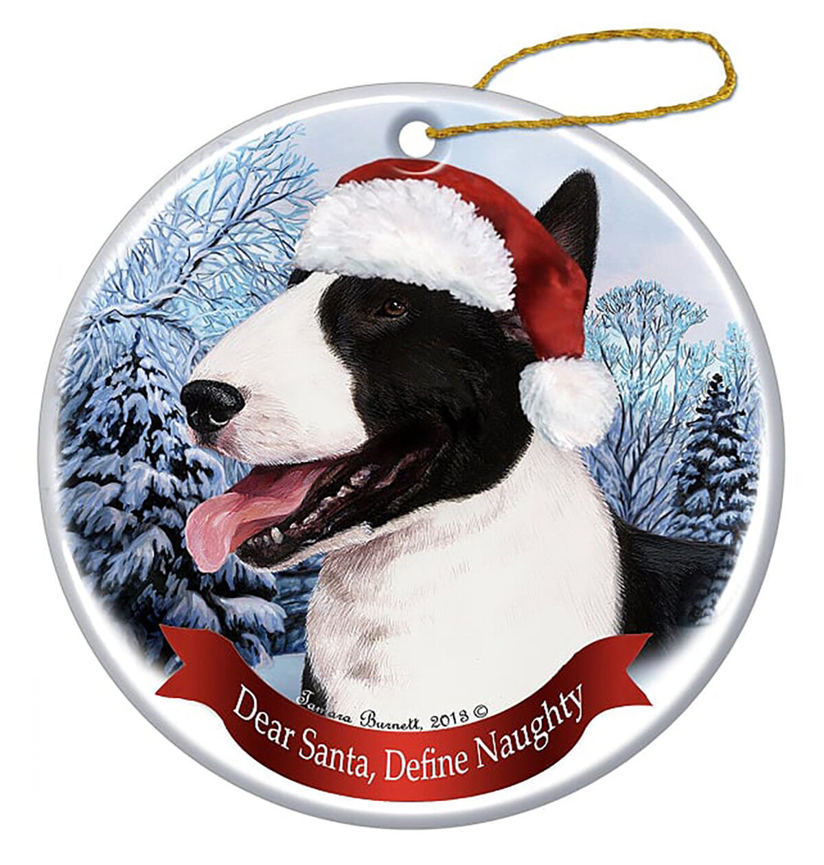 Holiday Pet Gifts Bull Terrier Black/White Dog Santa Hat Porcelain Ornament