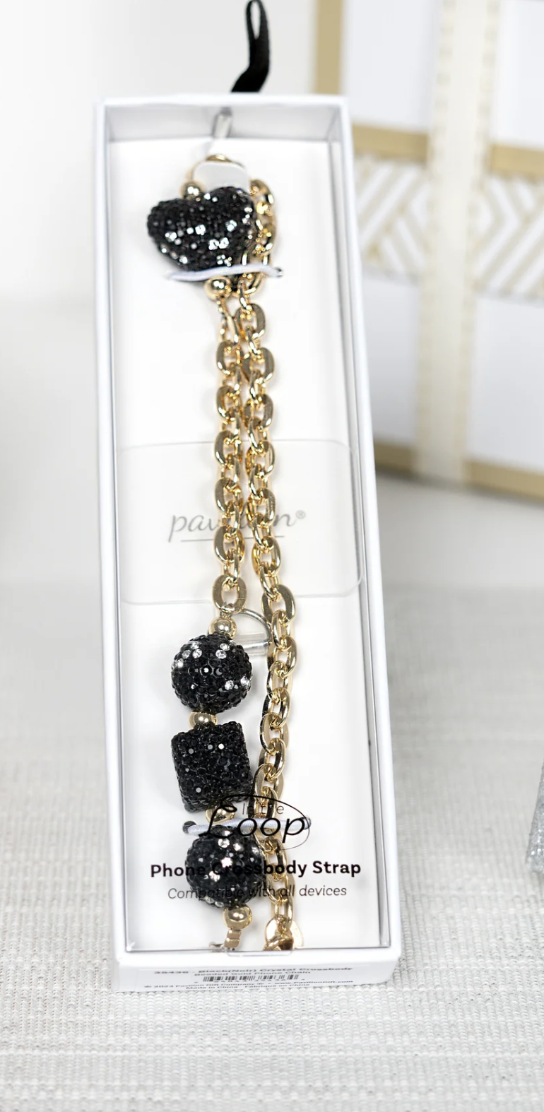 BLACK CRYSTAL CROSSBODY BEADED GOLD PHONE CHAIN, 56"