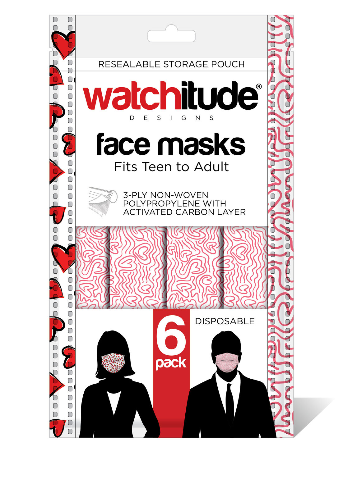 Watchitude Fun Face Masks for Adults/Teens - 6 pack - Hearts, Pink Maze