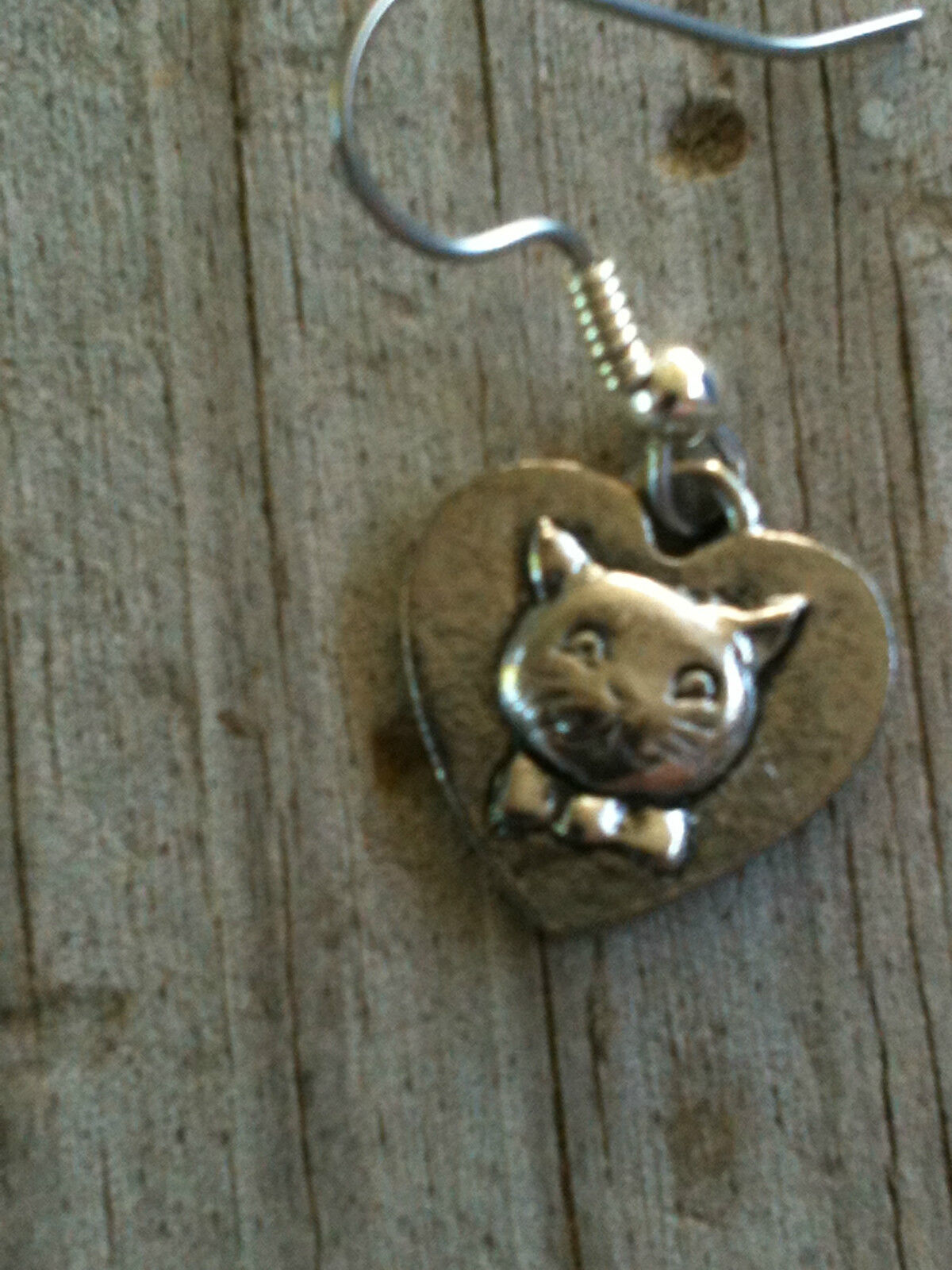 Silver Plated Pewter Heart with Cat Earrings