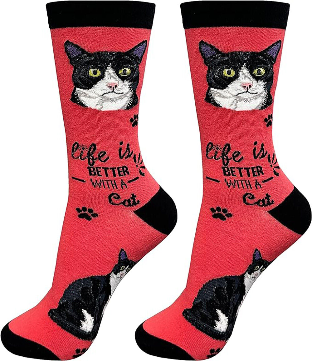 E&S Pets Pet Lover Socks, Life is Better with a Black and White Cat, One Size