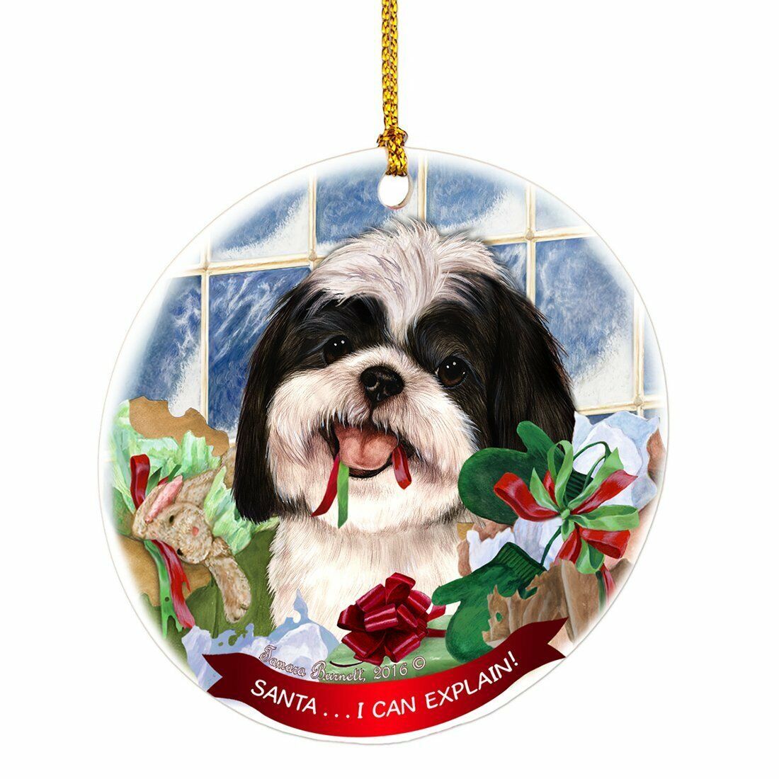 Shih Tzu Black White Santa I Can Explain Round White Porcelain Hanging Ornament