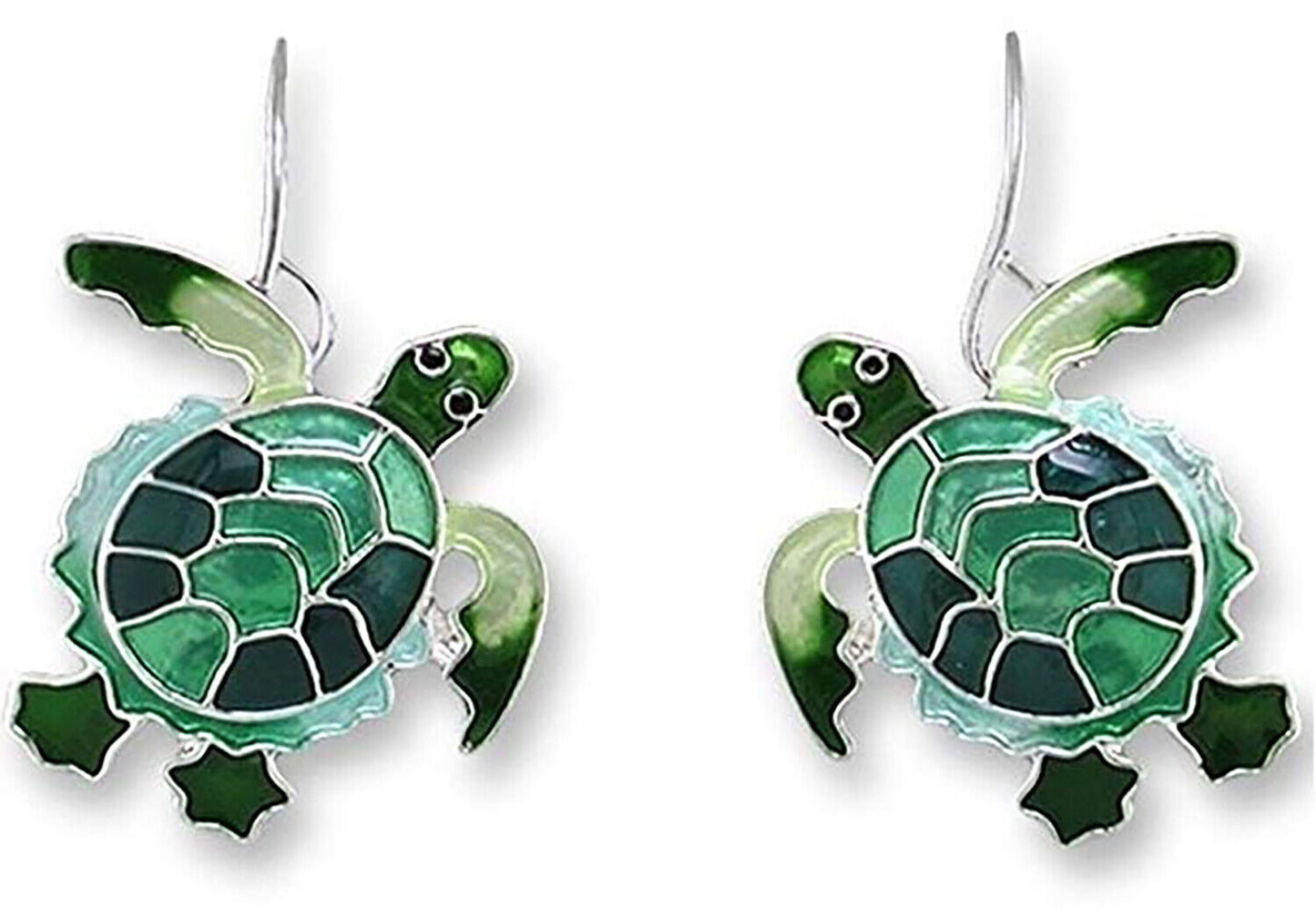 Zarah Linda Bolhuis Green Turtle Enameled Silver Plated Wire Dangle Earrings