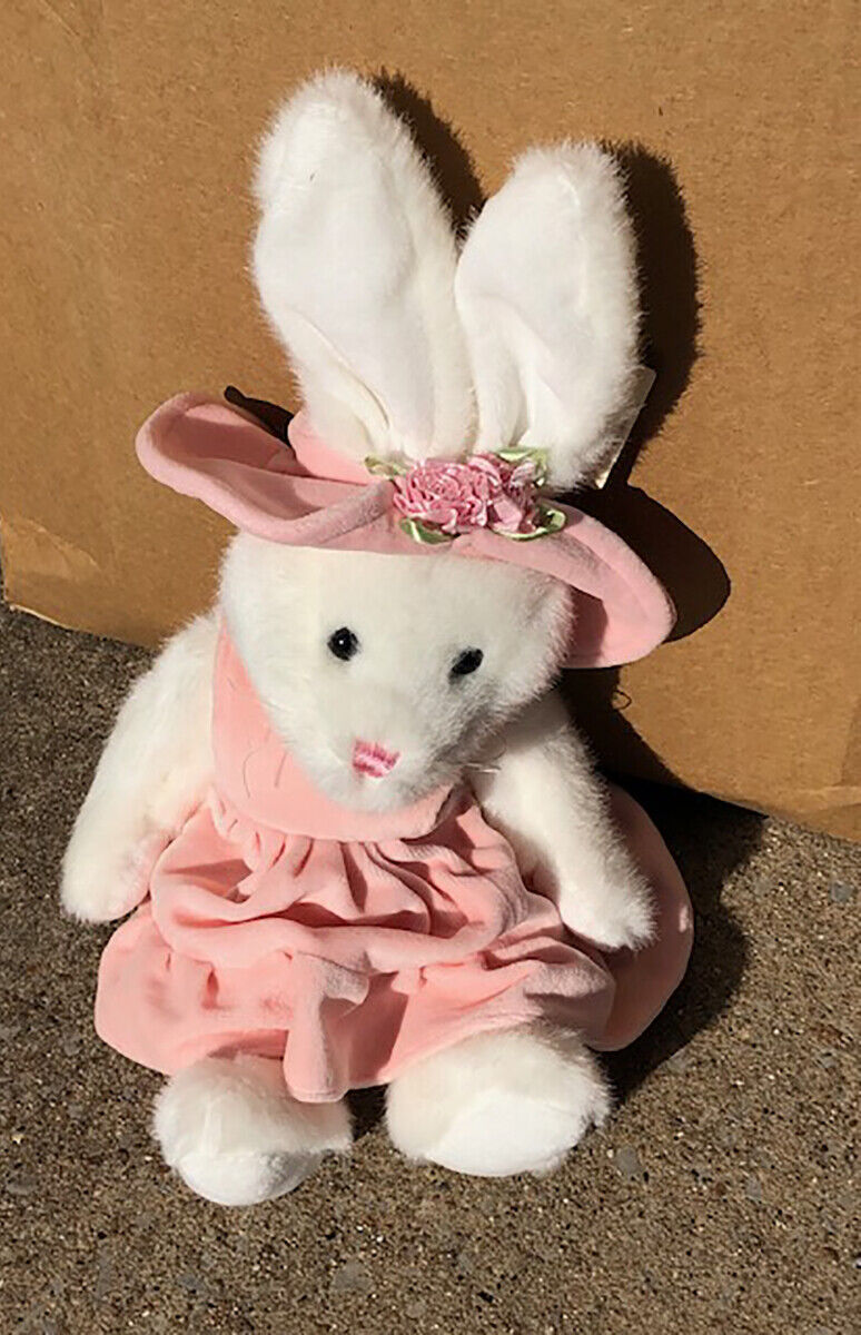 Unipak Jointed Plush Stuffed Animal Cream Bunny with Pink Velour Dress 8”