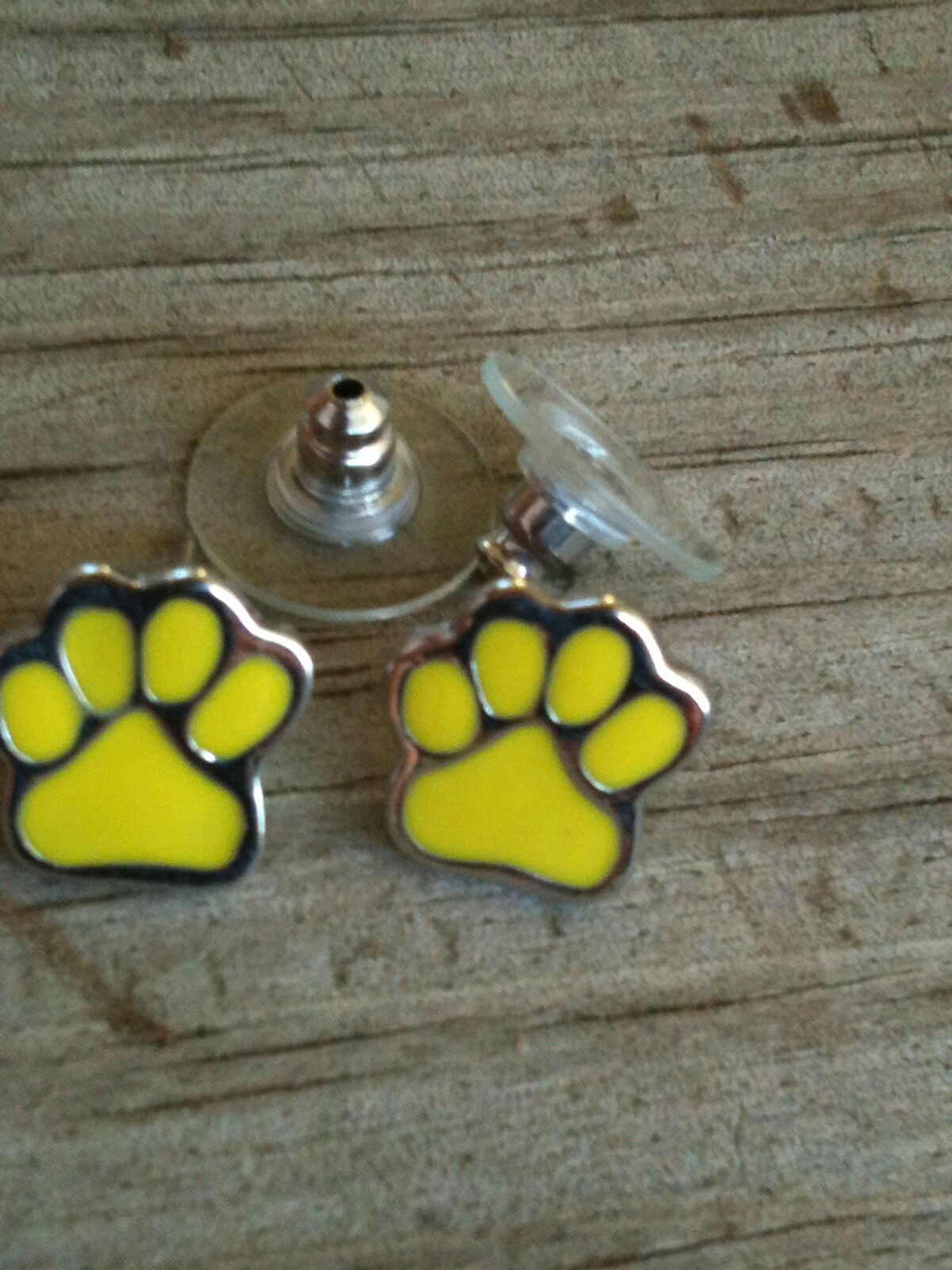 Small Yellow Gold Hand Enameled Paw Print Imitation Rhodium Plated Post Earrings