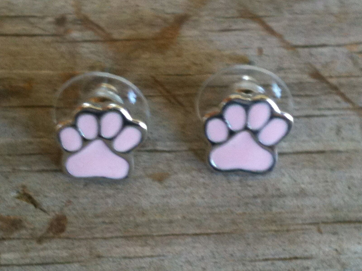 Small Pink Hand Enameled Paw Print Imitation Rhodium Plated Post Earrings