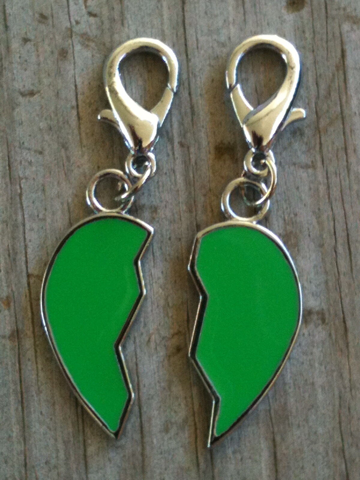 Silver Plated set of 2 Half Hearts Green Hand Enameled Collar Charm/Zipper pulls
