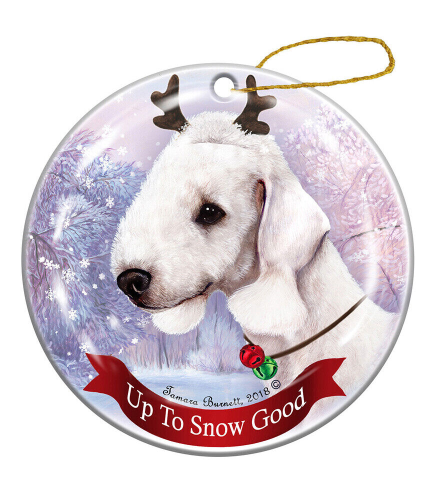 Holiday Pet Bedlington Terrier White Reindeer Dog Porcelain Christmas Ornament