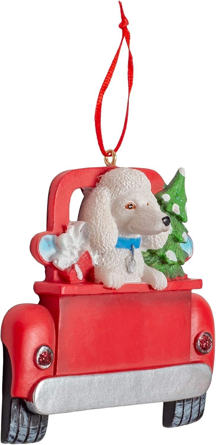 Kurt Adler White Poodle in Back of Truck Hanging Ornament 5 in. High,