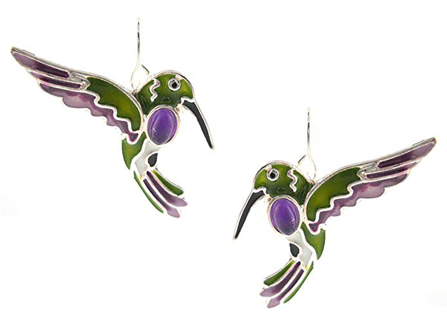Zarah Linda Bolhuis Green & Purple Hummingbird Enamel Dangle Earrings