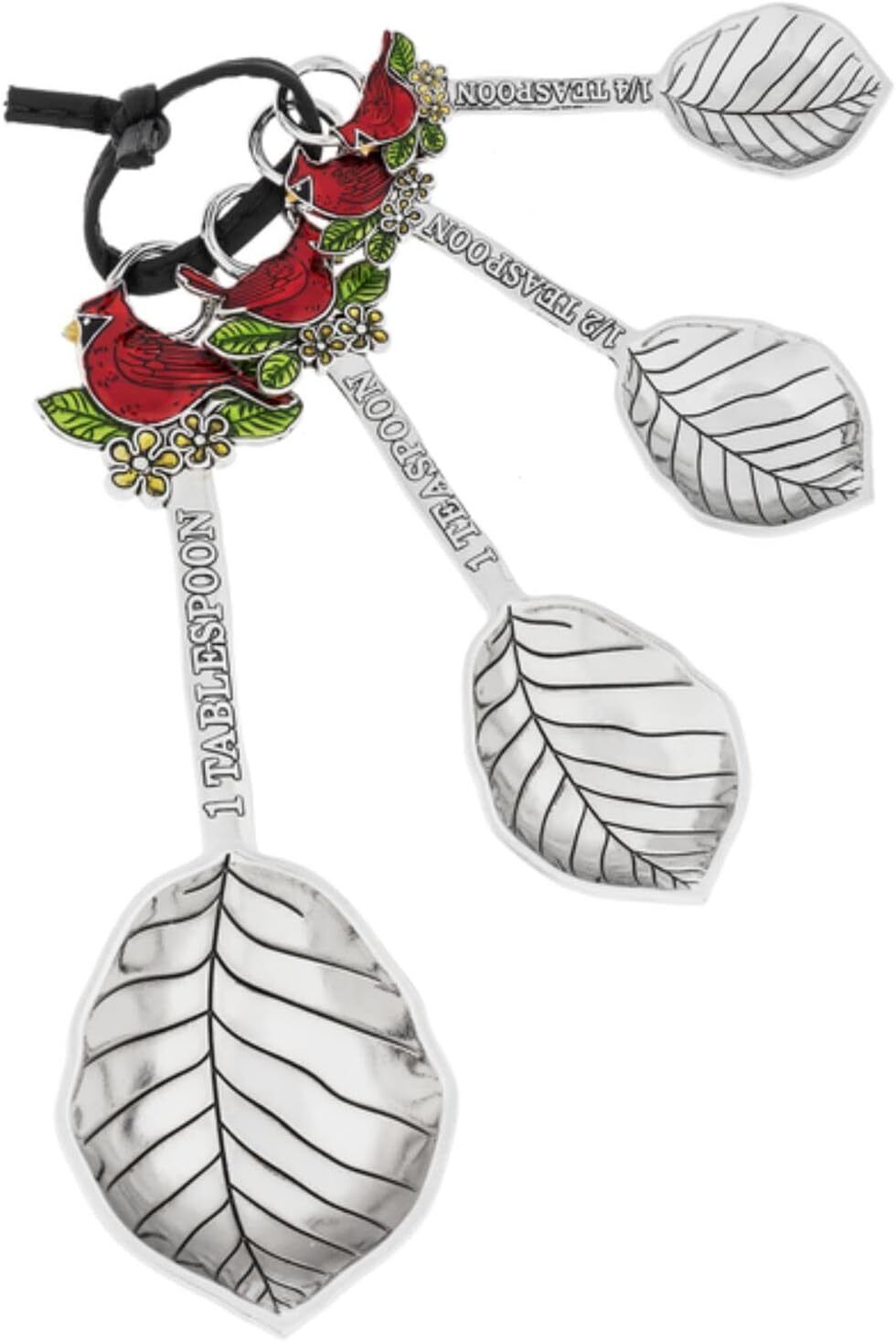 Ganz 4-Piece Set - Measuring Spoons Set, Enameled Red Cardinal and Green Leaves