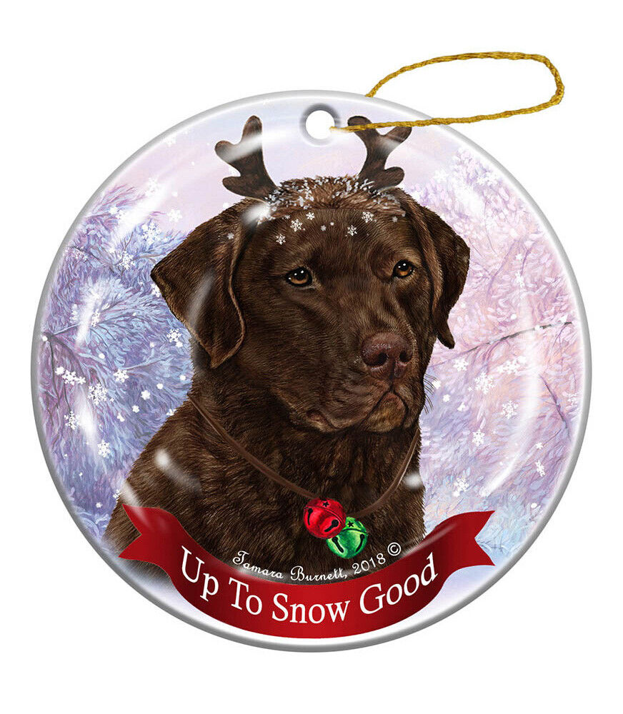 Dark Brown Chesapeake Bay Retriever Reindeer Dog Porcelain Christmas Ornament