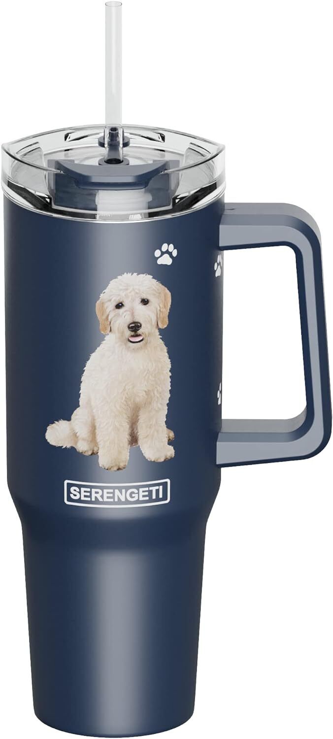 Serengeti 40 Oz Goldendoodle Dog Stainless Steel Tumbler w Handle, Straw & Lid