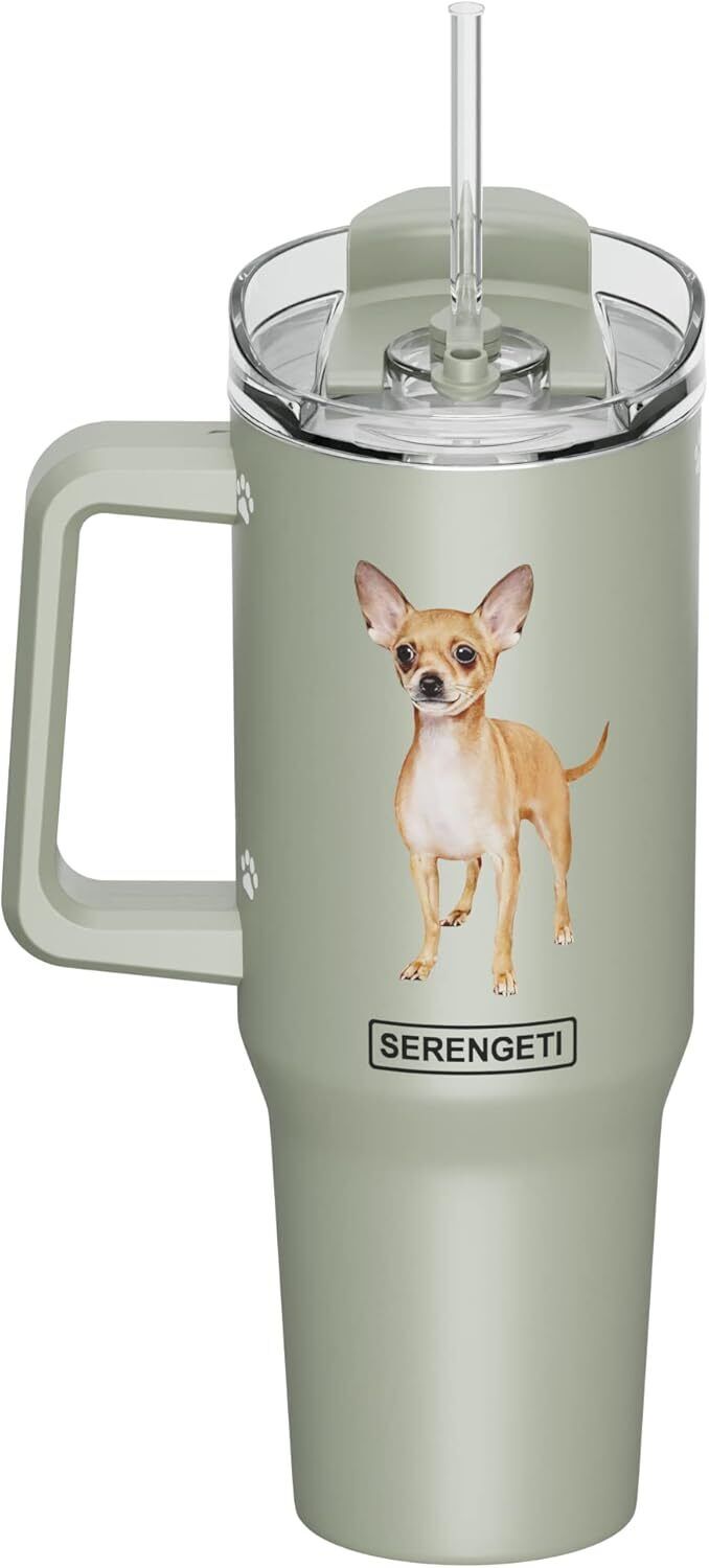 Serengeti 40 Oz Chihuahua Dog Stainless Steel Tumbler with Handle, Straw & Lid