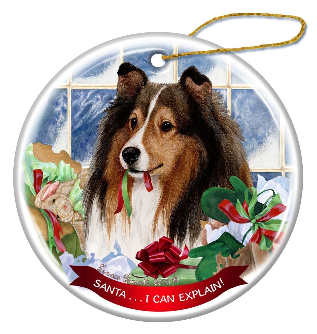 Sable Sheltie Dog Porcelain Hanging Ornament Pet Gift 'Santa.. I Can Explain!'