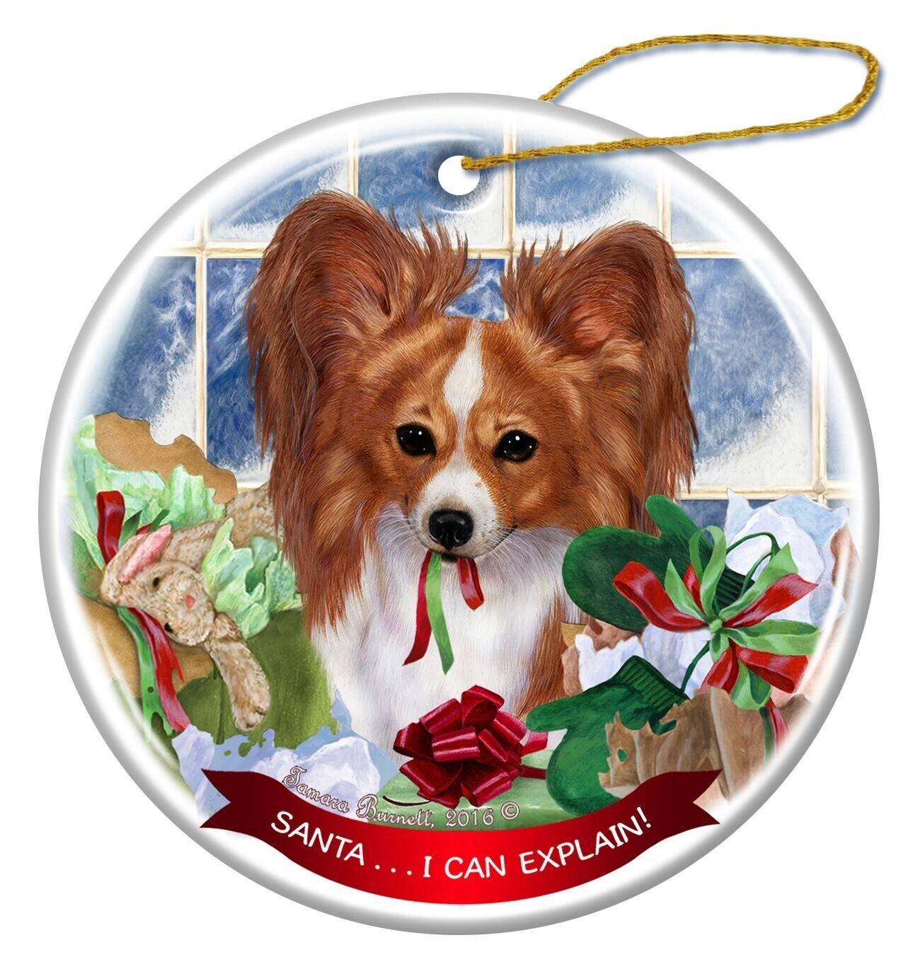 Red and White Papillion Dog Porcelain Ornament Pet Gift 'Santa.. I Can Explain!'