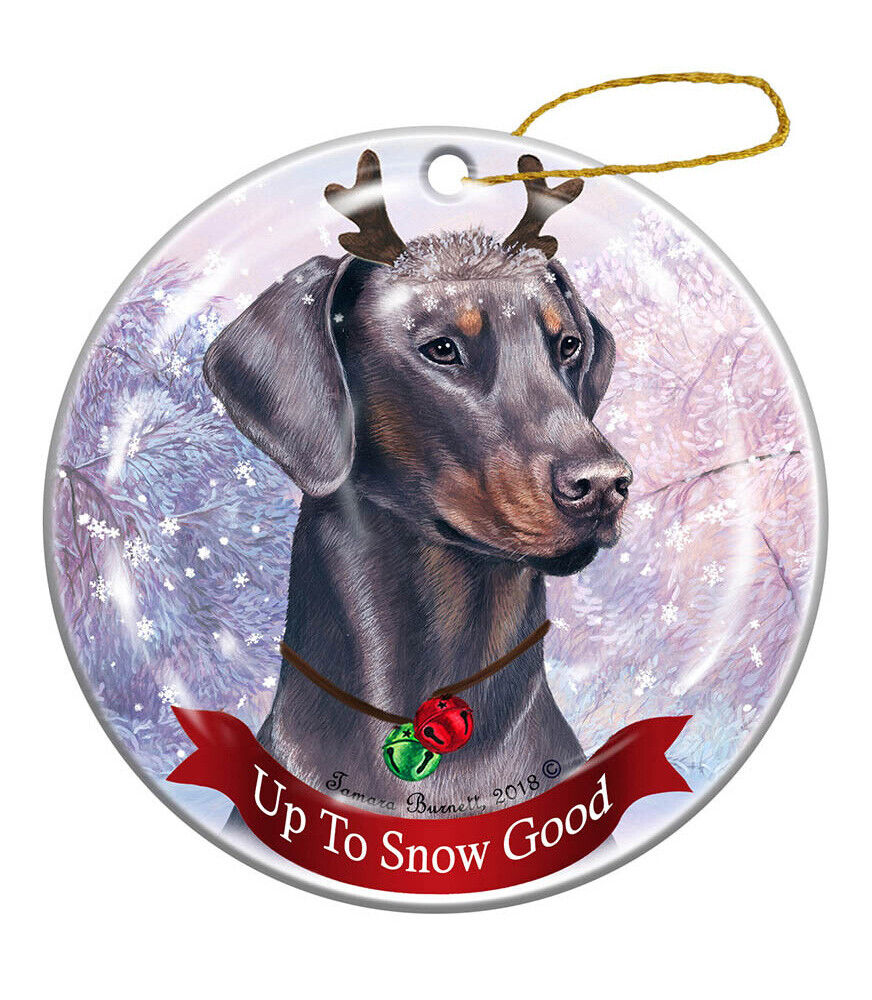 Holiday Pet Gifts Doberman Blue Uncropped Dog Porcelain Christmas Ornament