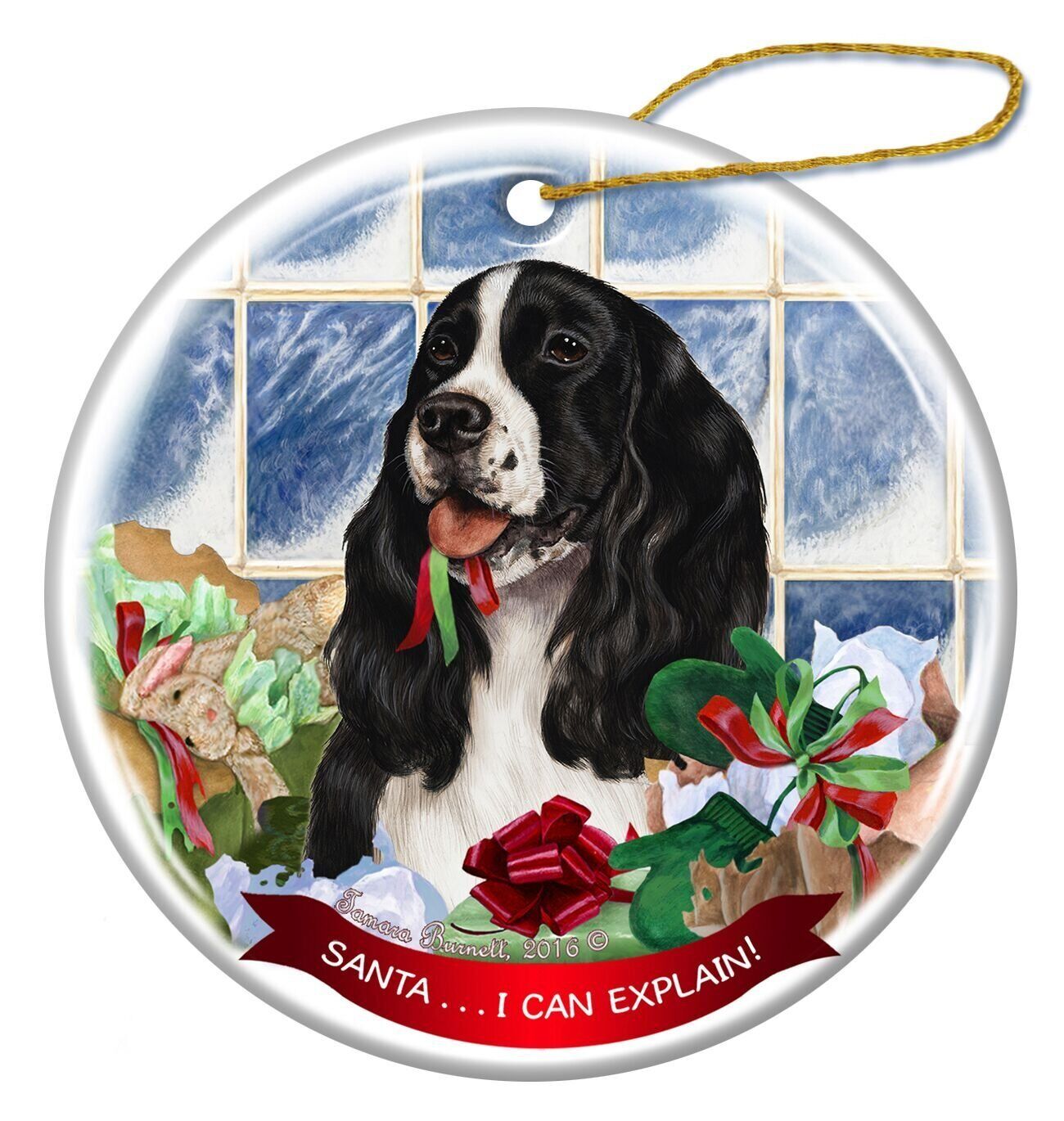 Black and White Springer Spaniel Dog Porcelain Ornament 'Santa.. I Can Explain!