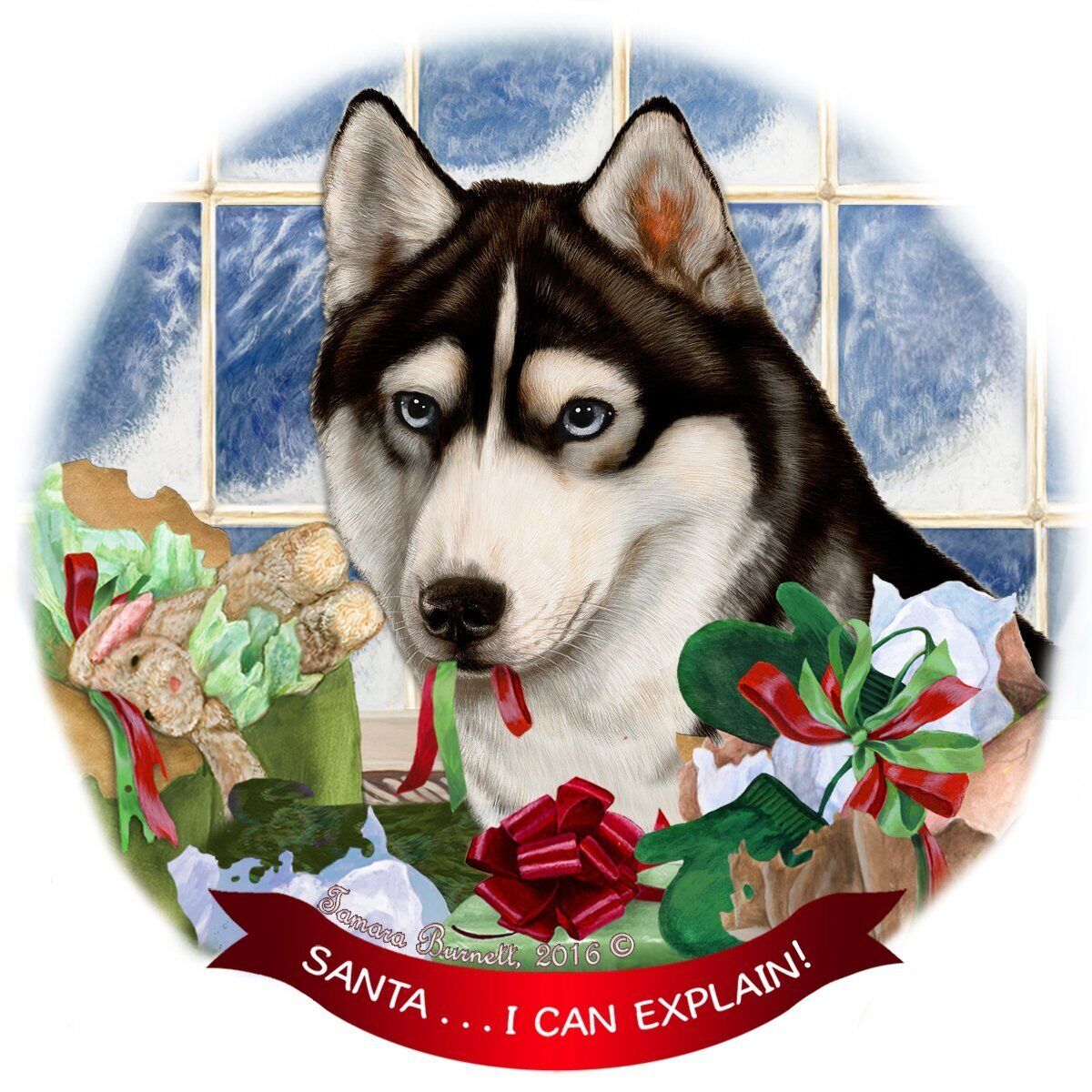 Siberian Husky, Black & White Dog Porcelain Ornament 'Santa.. I Can Explain!'