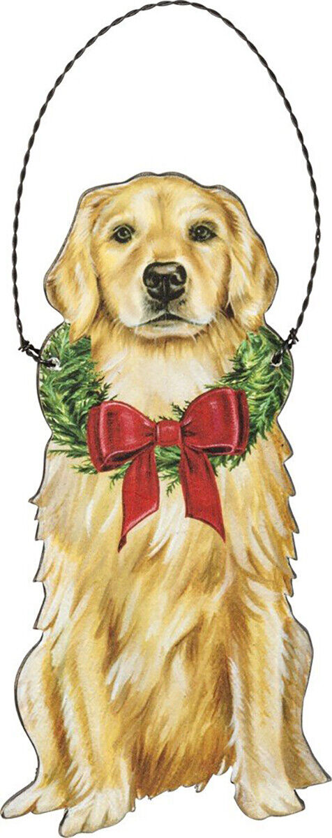 Primitives By Kathy Golden Retriever with Wreath Wooden Christmas Ornament