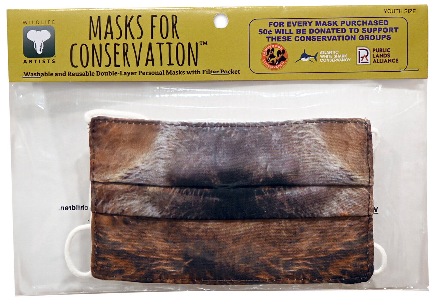 Wildlife Artists Fun Youth Animal Face Masks, Washable, Reusable - Sloth