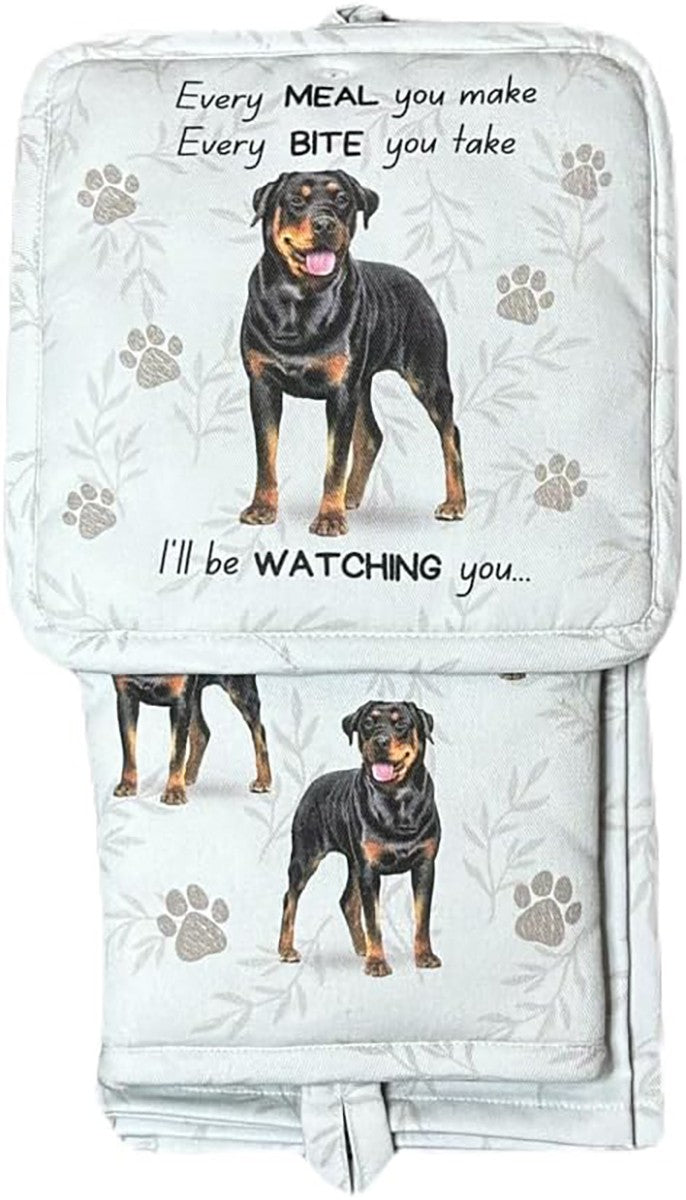 E&S Pets Rottweiler Dog 3 Piece Kitchen Set - Oven Mitt, Towel, Pot Holder