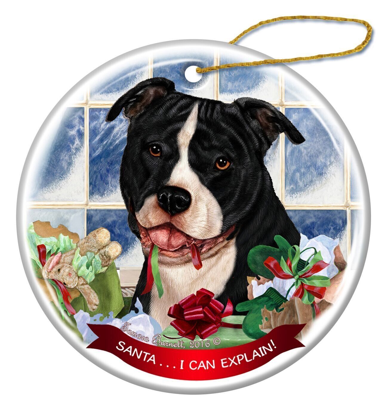Black and White Pit Bull Uncropped Porcelain Ornament 'Santa.. I Can Explain!'