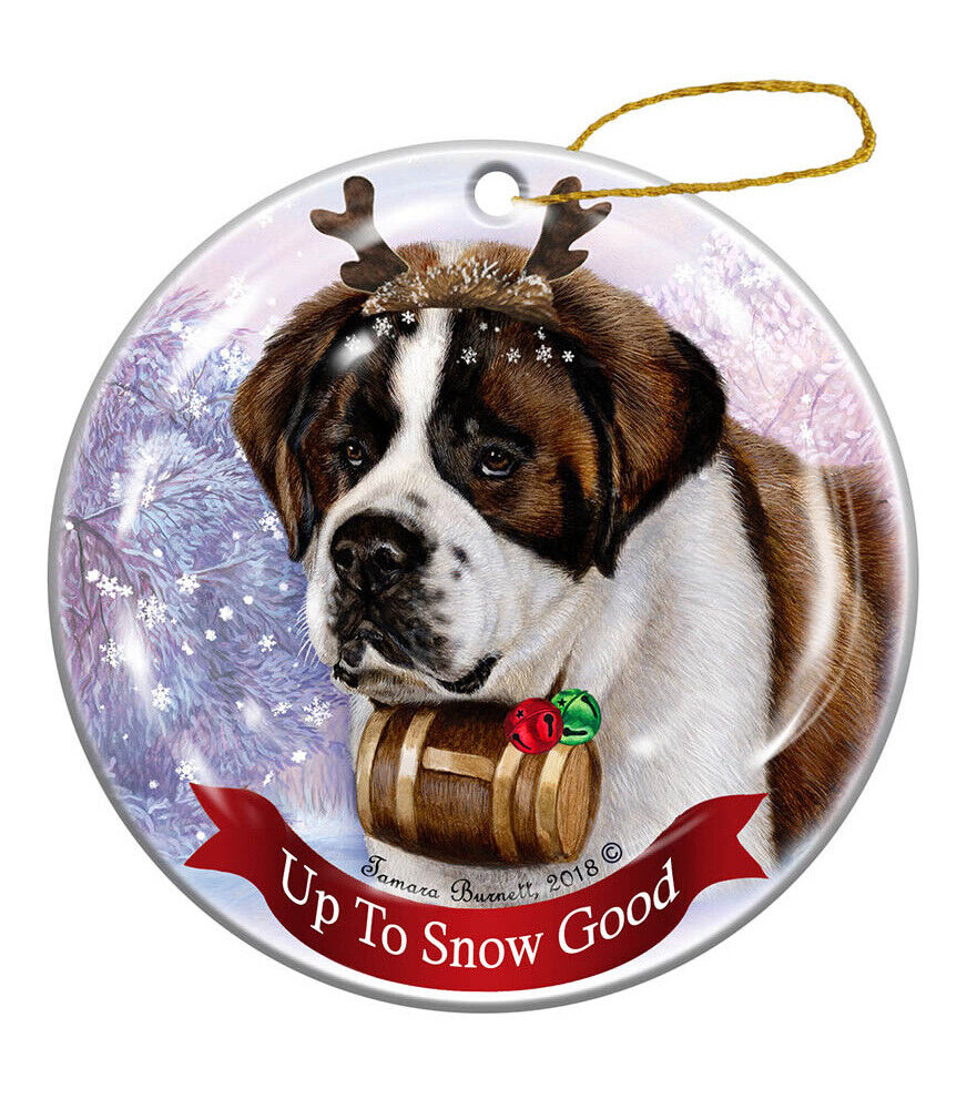 Holiday Pet Gifts Saint Bernard Dog Reindeer Porcelain Christmas Ornament