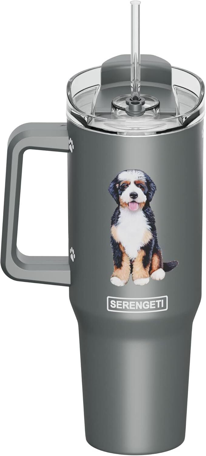 Serengeti 40 Oz Bernadoodle Dog Stainless Steel Tumbler w Handle, Straw & Lid