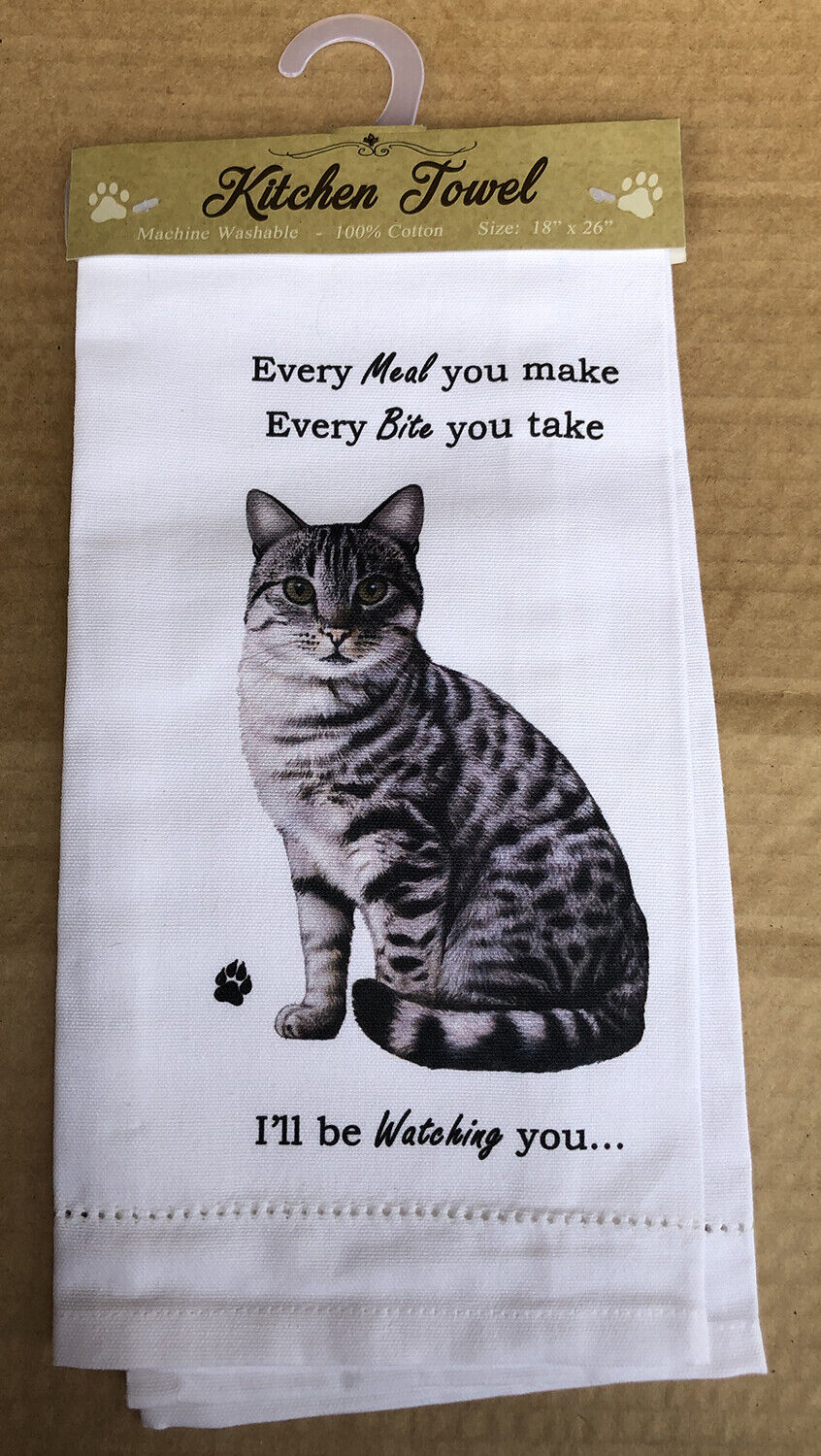 E&S Pets 715-9 Silver Gray Tabby Cat Kitchen Towel, Off-white